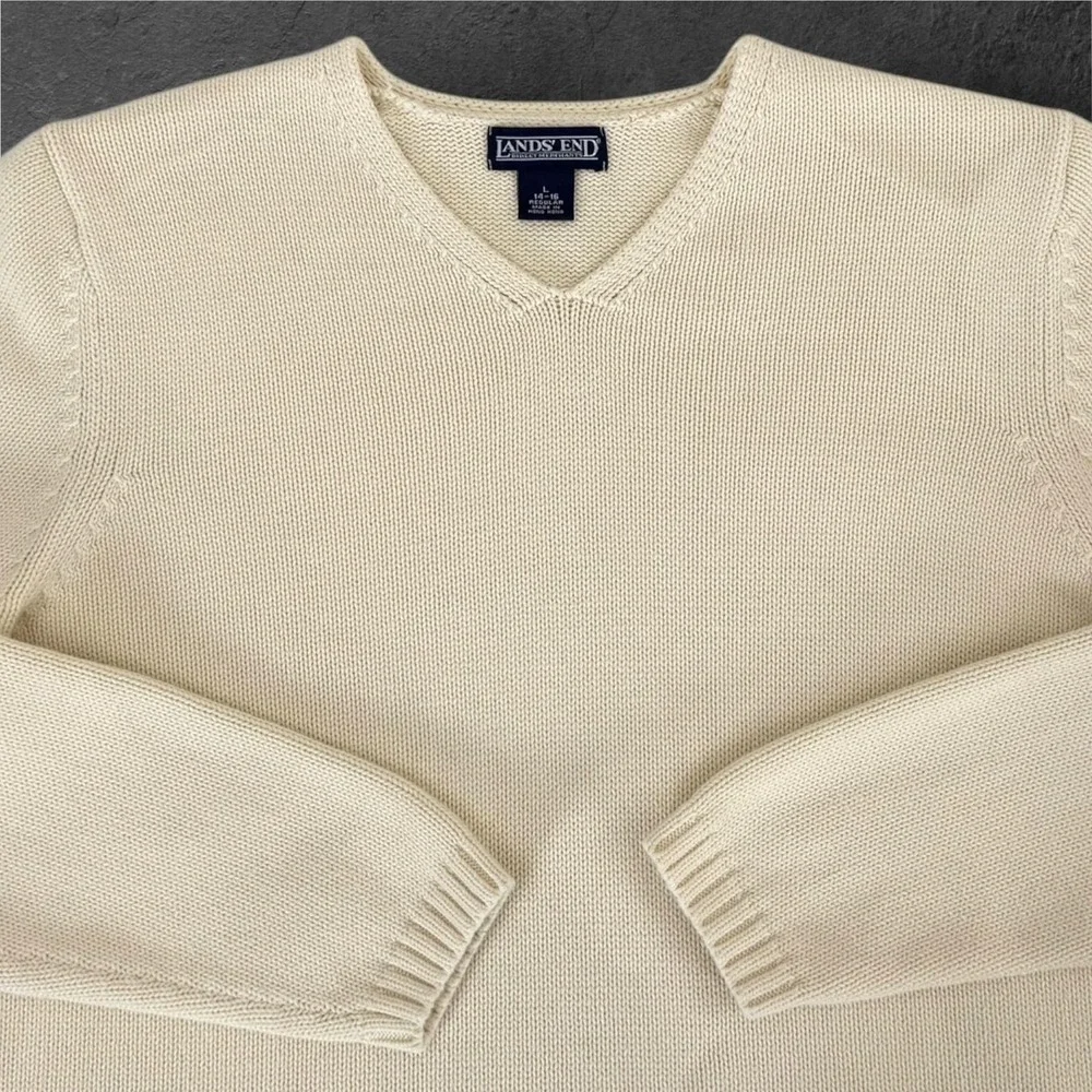 Lands' End Sweater Womens Large Cream Cotton V Neck Knit Pullover Hong Kong